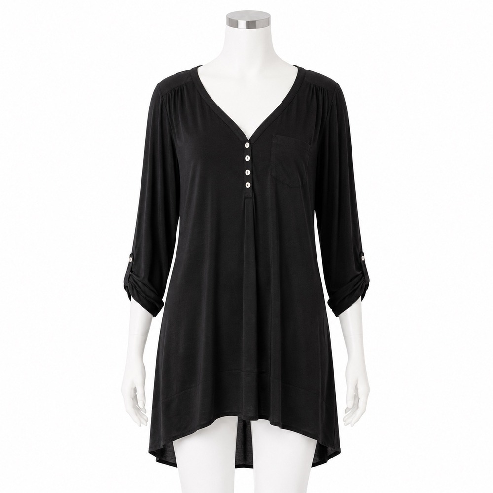 Anne Klein Henley Midi Dress Black Rayon Roll Tab Sleeve Womens M Pocket NWT